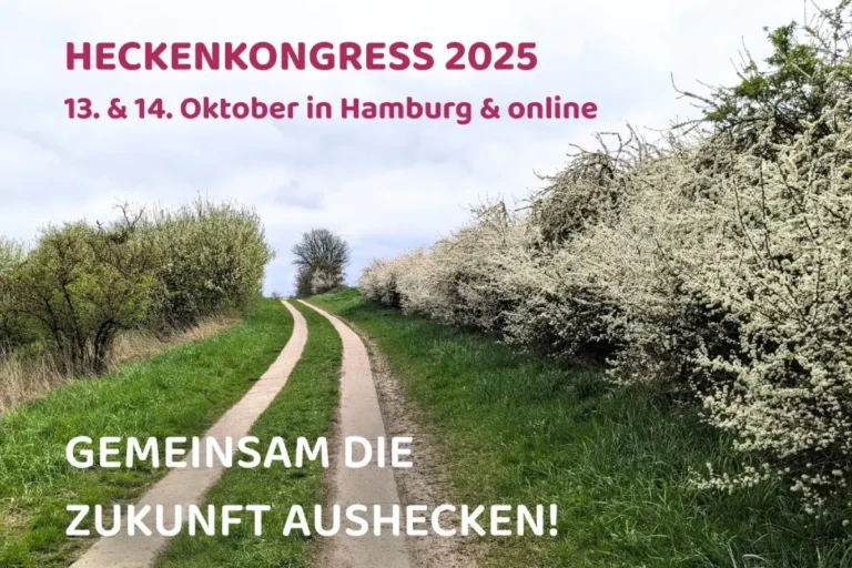Hecke am Feldweg mit Ankündigung Heckenkongress 2025 in Hamburg